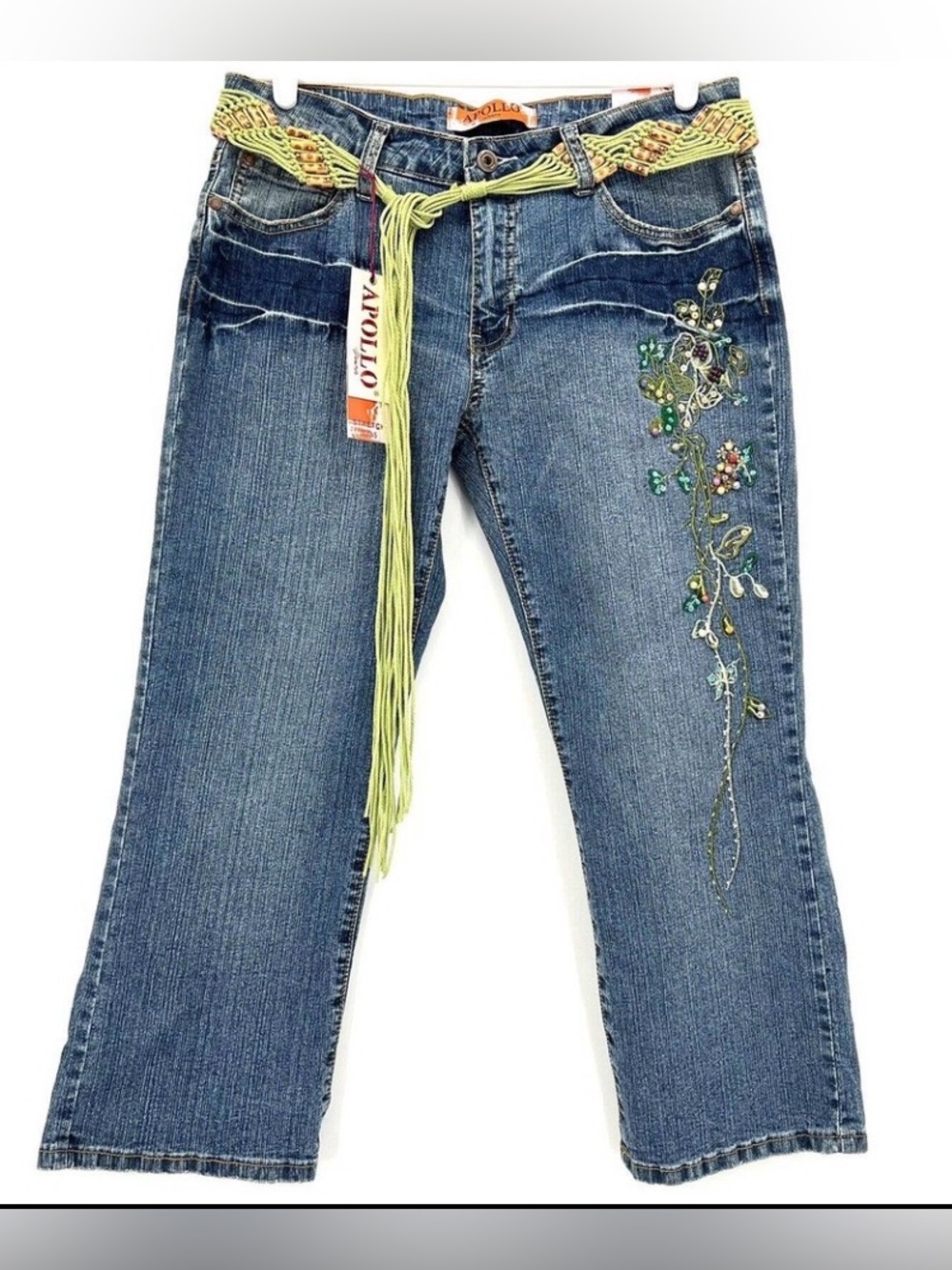 Apollo Jeans Blue Cropped Embroidered Jeans with Green Accent Belt 11/12
